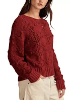 Bobble Pointelle Crew Neck Pullover Sweater