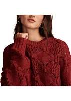 Bobble Pointelle Crew Neck Pullover Sweater