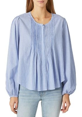 Women's Blue Striped Button Down Pintuck Top