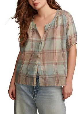 Short Sleeve Plaid Smock Shoulder Blouse