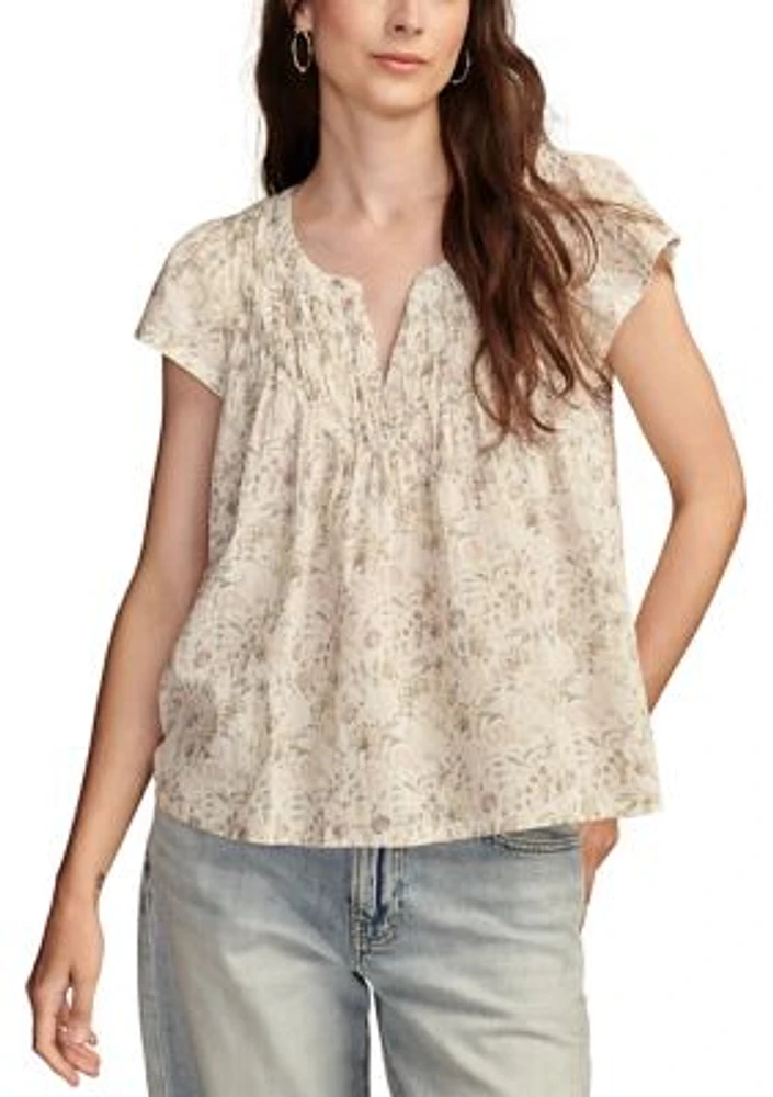 Short Sleeve Floral Split Neck Woven Top