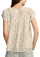 Short Sleeve Floral Split Neck Woven Top