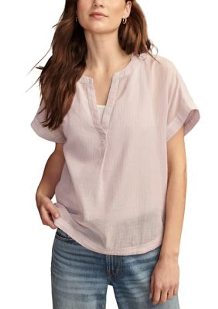 Short Sleeve Stripe Split Neck Woven Top