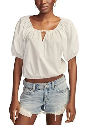 Women's Solid Puff Sleeve Tie Neck Top