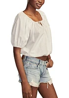 Women's Solid Puff Sleeve Tie Neck Top