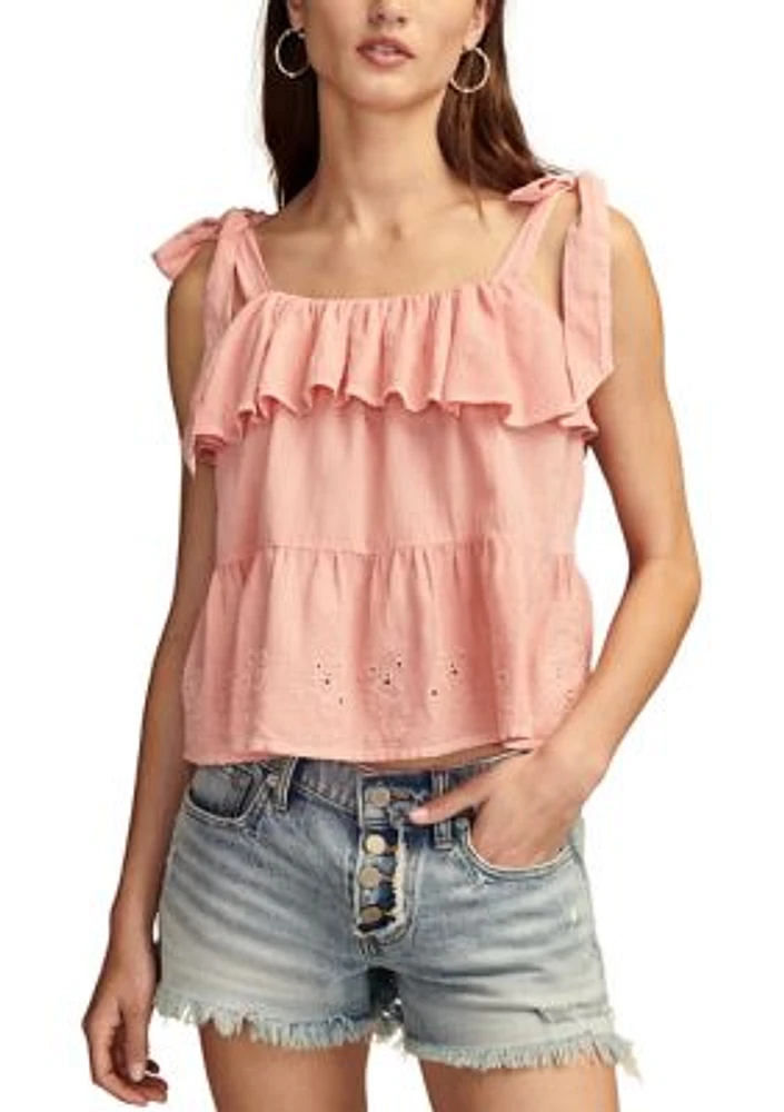 Women's Tie Shoulder Eyelet Top