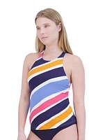 Yacht Stripe Diagonal High Neck Tankini Swim Top with Removable Cups