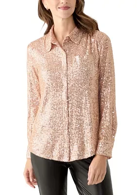 Women's Long Sleeve Sequin Boyfriend Shirt