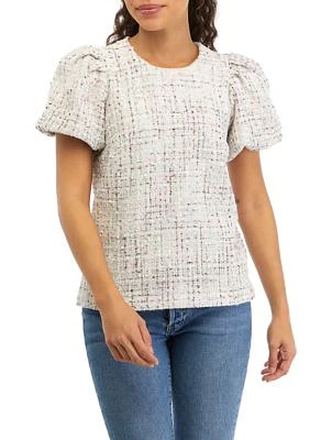 Petite Tweed Puff Sleeve Woven Top