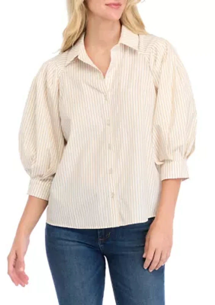 Petite Balloon Sleeve Striped Woven Blouse