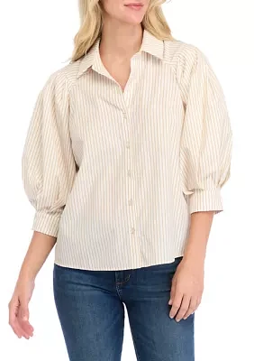 Petite Balloon Sleeve Striped Woven Blouse