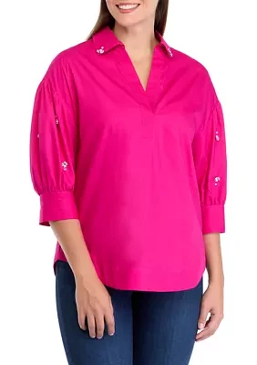 Women's Button Front Jewel Sleeve Shirt