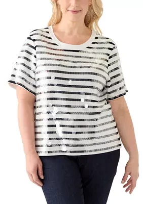 Plus Stripe Clear Sequin T-Shirt