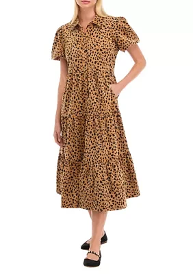 Women's Puff Sleeve Animal Print Midi Dress