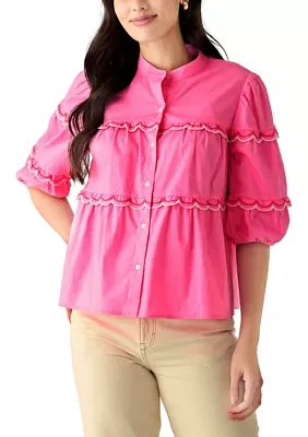 Petite Button Front Scallop Tiered Woven Blouse