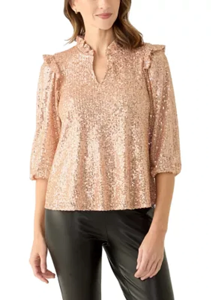 Women's 3/4 Ruffle Sleeve Sequin Top