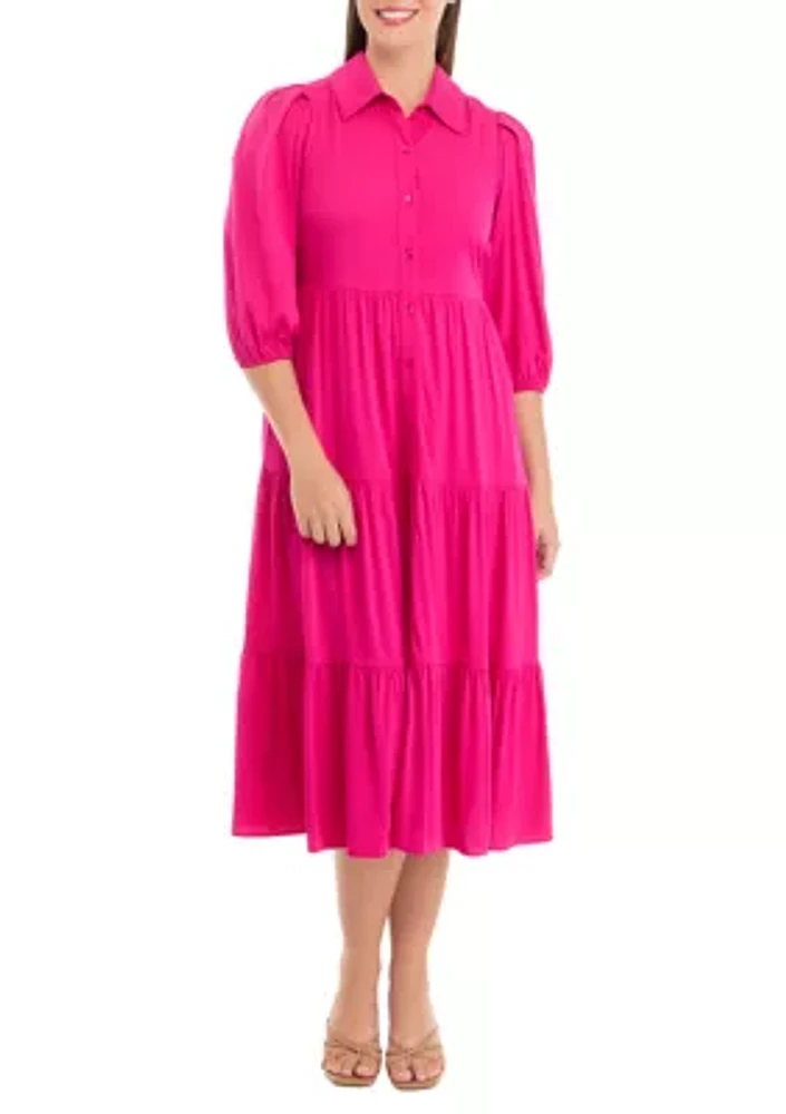 Women's 3/4 Sleeve Midi Challis Shirtdress