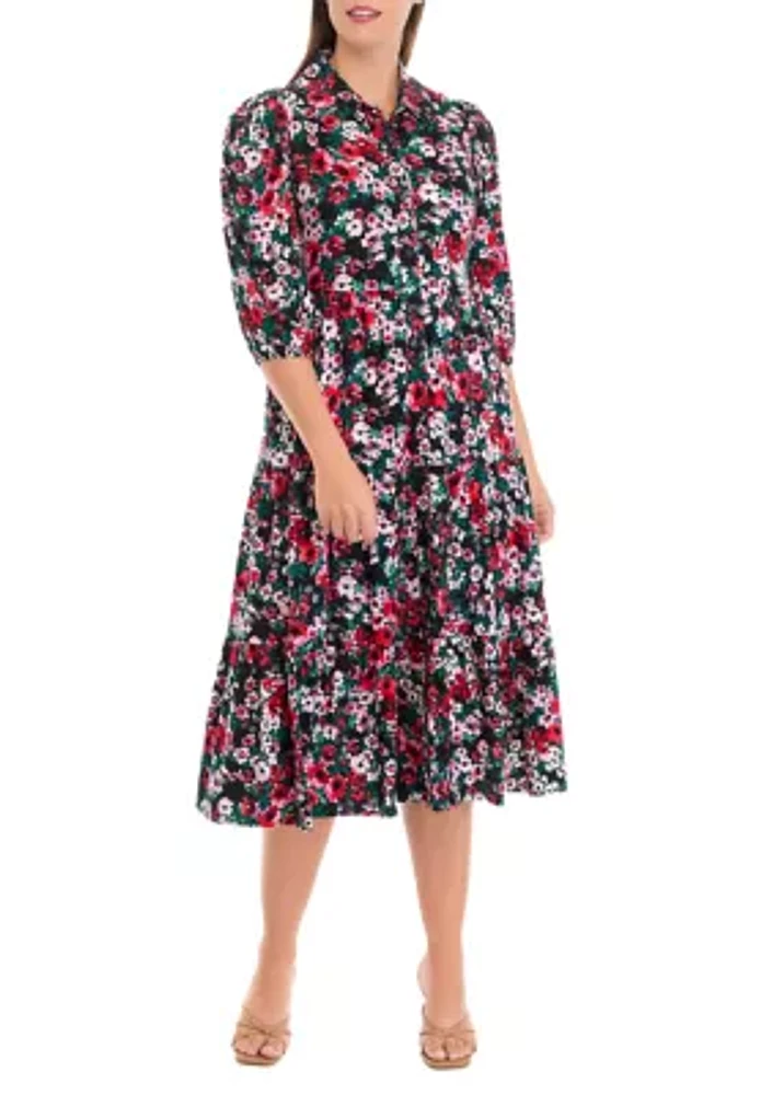 Women's 3/4 Sleeve Midi Challis Shirtdress