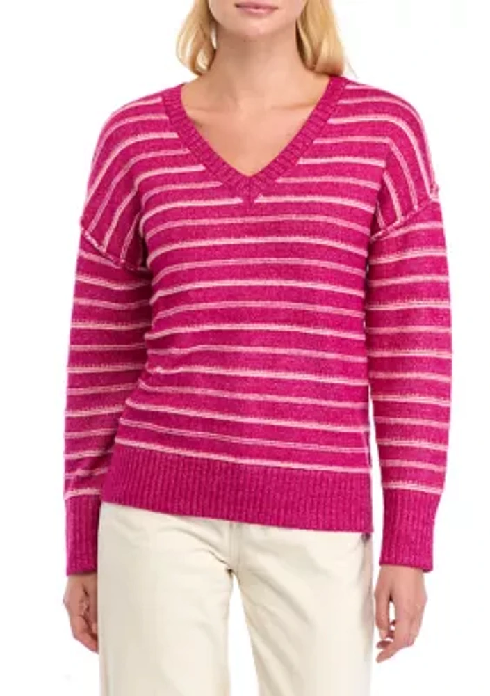 Women's Drop Shoulder Striped V-Neck Sweater