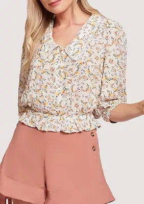 Women's Elbow Puff Sleeve Floral Collared Top