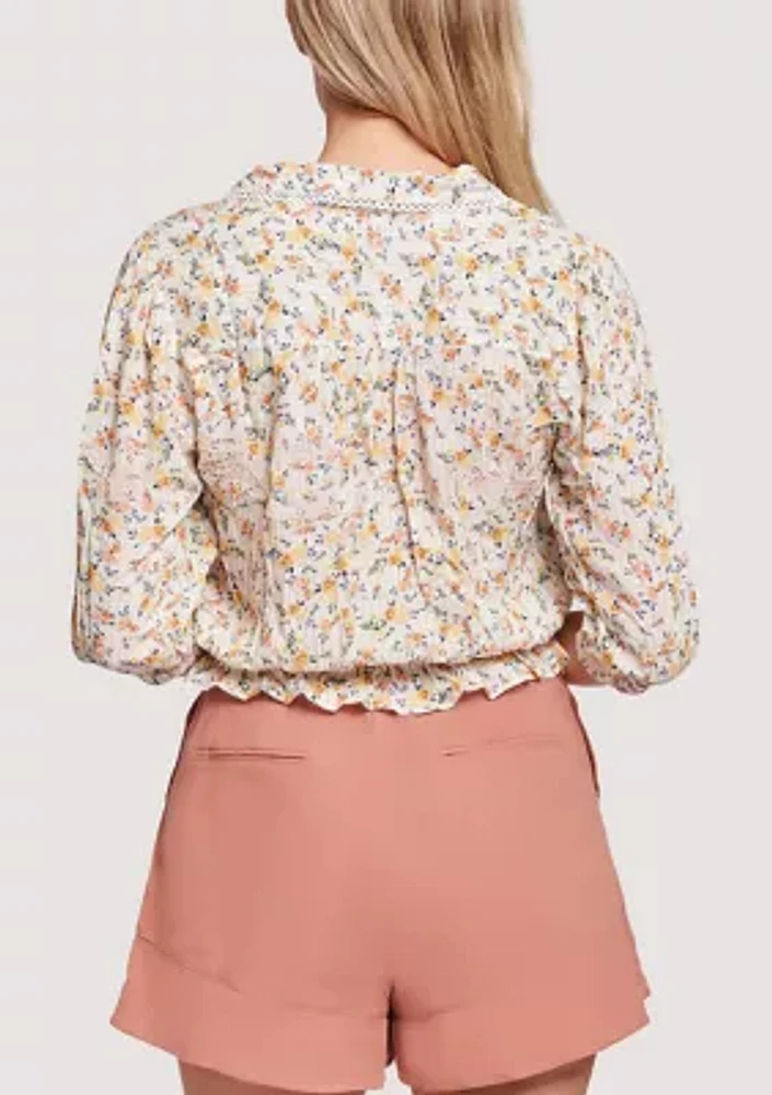 Women's Elbow Puff Sleeve Floral Collared Top