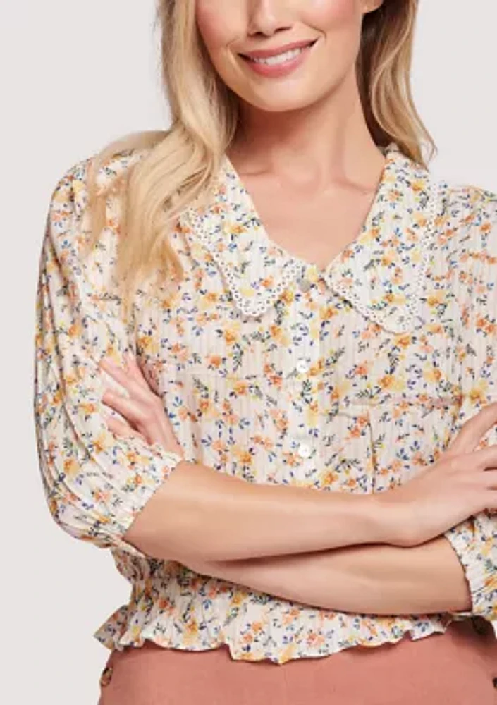 Women's Elbow Puff Sleeve Floral Collared Top