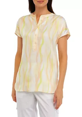 Women's Short Sleeve Mandarin Collar Satin Button Front Top