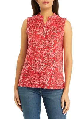 Women's Smocked Printed Split Neck Top