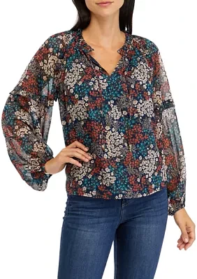 Women's Printed Peasant Blouse with Ruffles