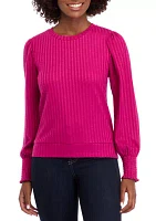 Women's Long Sleeve Smocked Cuff Ribbed Top