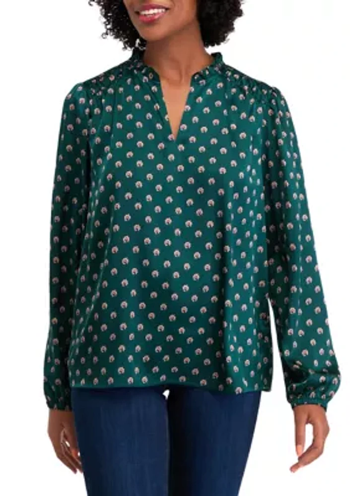 Women's Ruffle Split Neck Printed Blouse