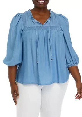 Plus 3/4 Sleeve Airflow Smocked Peasant Top