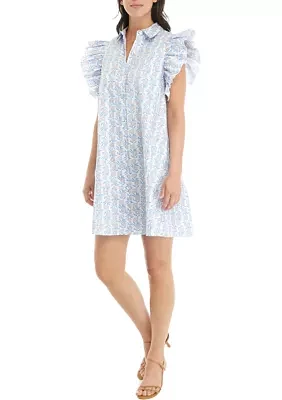 Women's Ruffle Sleeve Poplin Shirt Dress