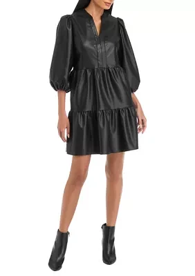 Women's 3/4 Puff Sleeve Vegan Leather Dress