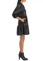 Women's 3/4 Puff Sleeve Vegan Leather Dress