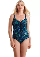 Laser Stars Shirred Zipper Tank One Piece Swimsuit