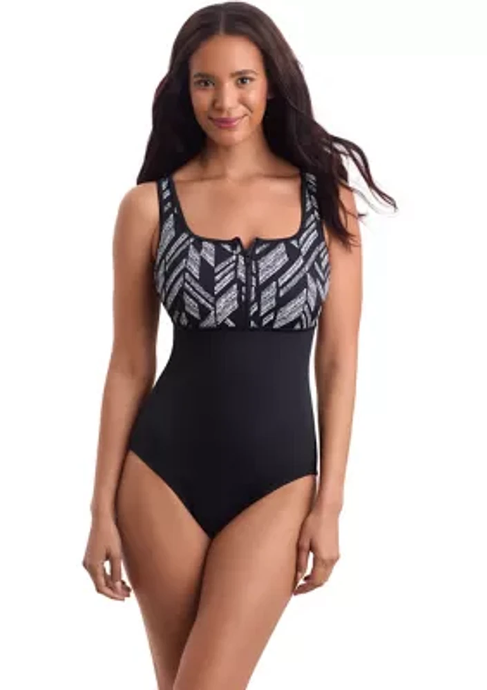 Glazed Skin Scoopneck Zipper Tank One Piece Swimsuit