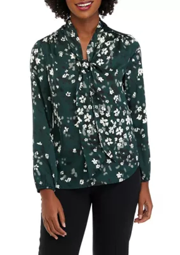 Petite Floral Print Long Sleeve Bow Blouse