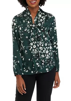 Petite Floral Print Long Sleeve Bow Blouse