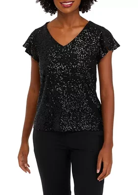 Petite V-Neck Flutter Sleeve Sequin Top