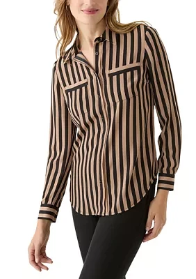 Women's Stripe Long Sleeve Button Front Blouse