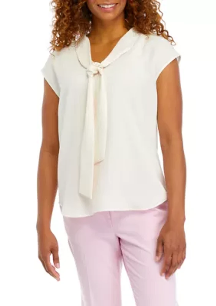 Women's Crepe Short Sleeve Bow Blouse