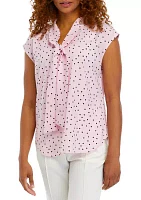 Women's Dot Print Short Sleeve Bow Blouse