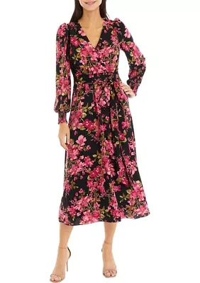 Women's Floral Printed Long Sleeve Surplice Dress