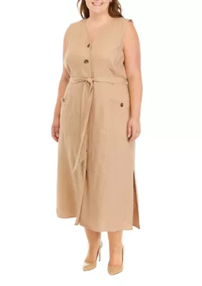 Plus Linen Button Front Belted Dress