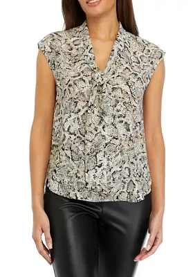 Women's Snake Printed Short Cap Sleeve Bow Blouse