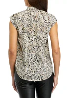 Women's Snake Printed Short Cap Sleeve Bow Blouse