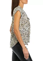 Women's Snake Printed Short Cap Sleeve Bow Blouse