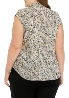 Women's Snake Print Short Sleeve Bow Blouse