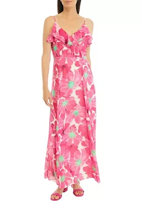 Women's Floral Print Ruffle Neck Maxi Dress